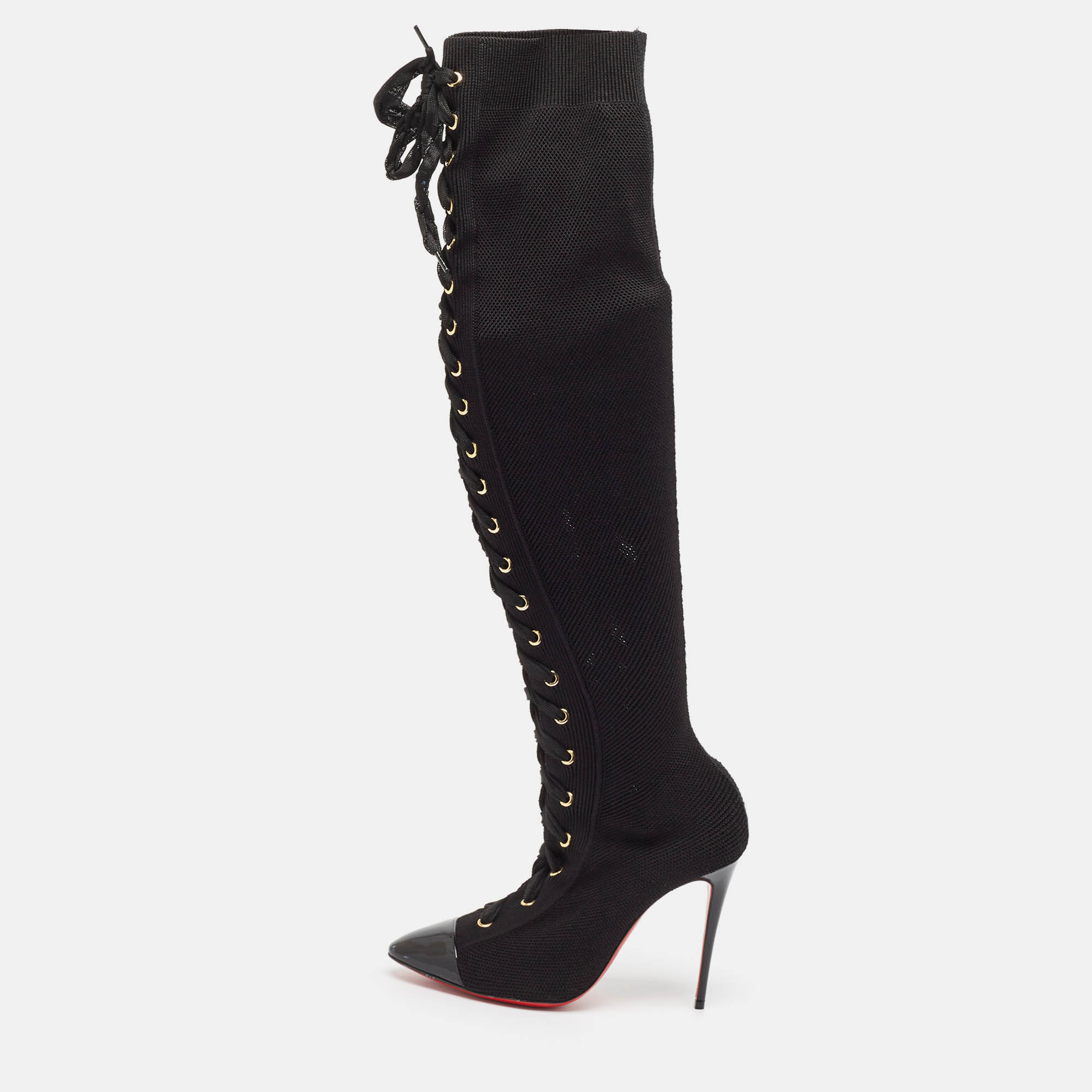 Pre-owned Christian Louboutin Black Knit Fabric Over The Knee Boots Size 38