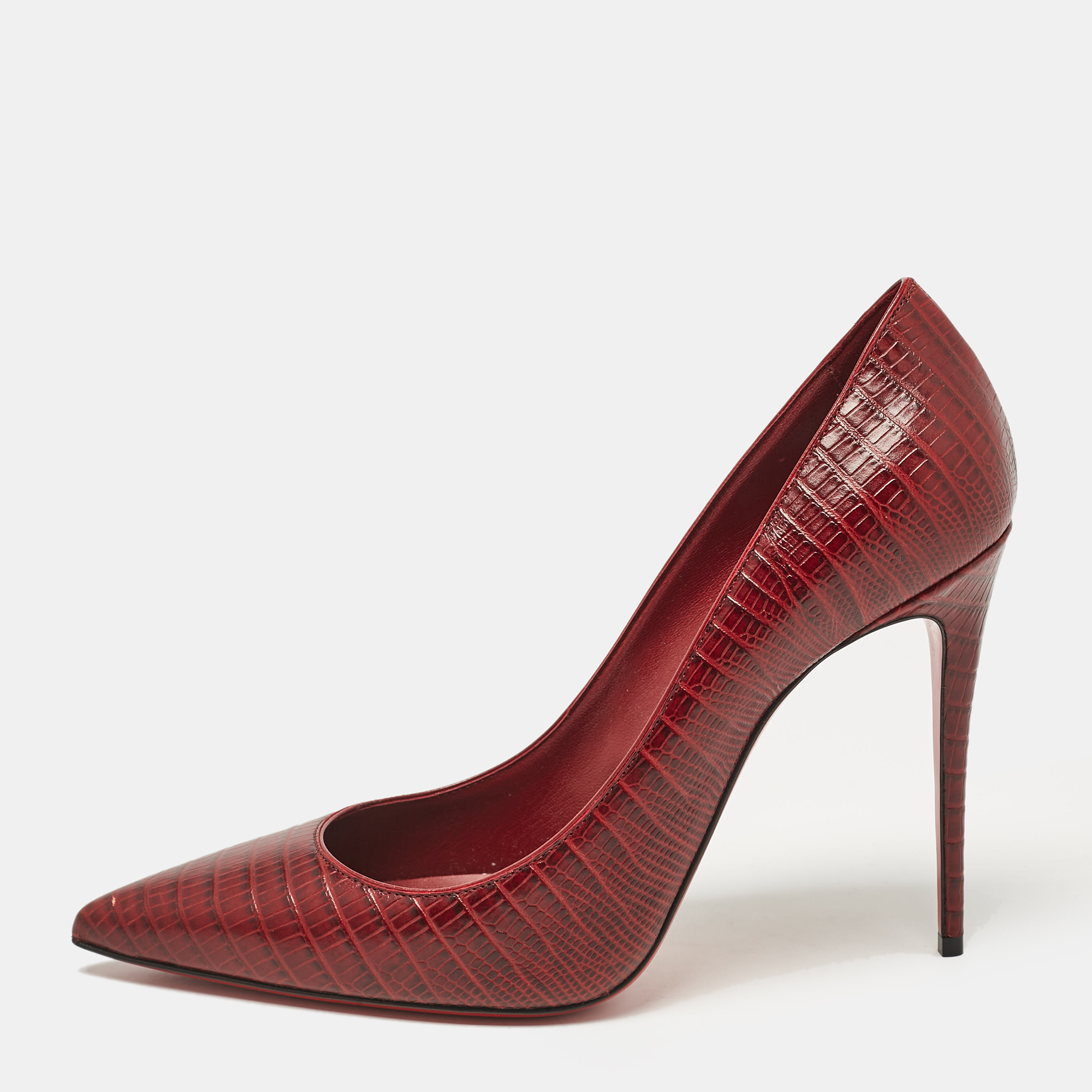 

Christian Louboutin Burgundy Lizard Embossed Leather Kate Pumps Size