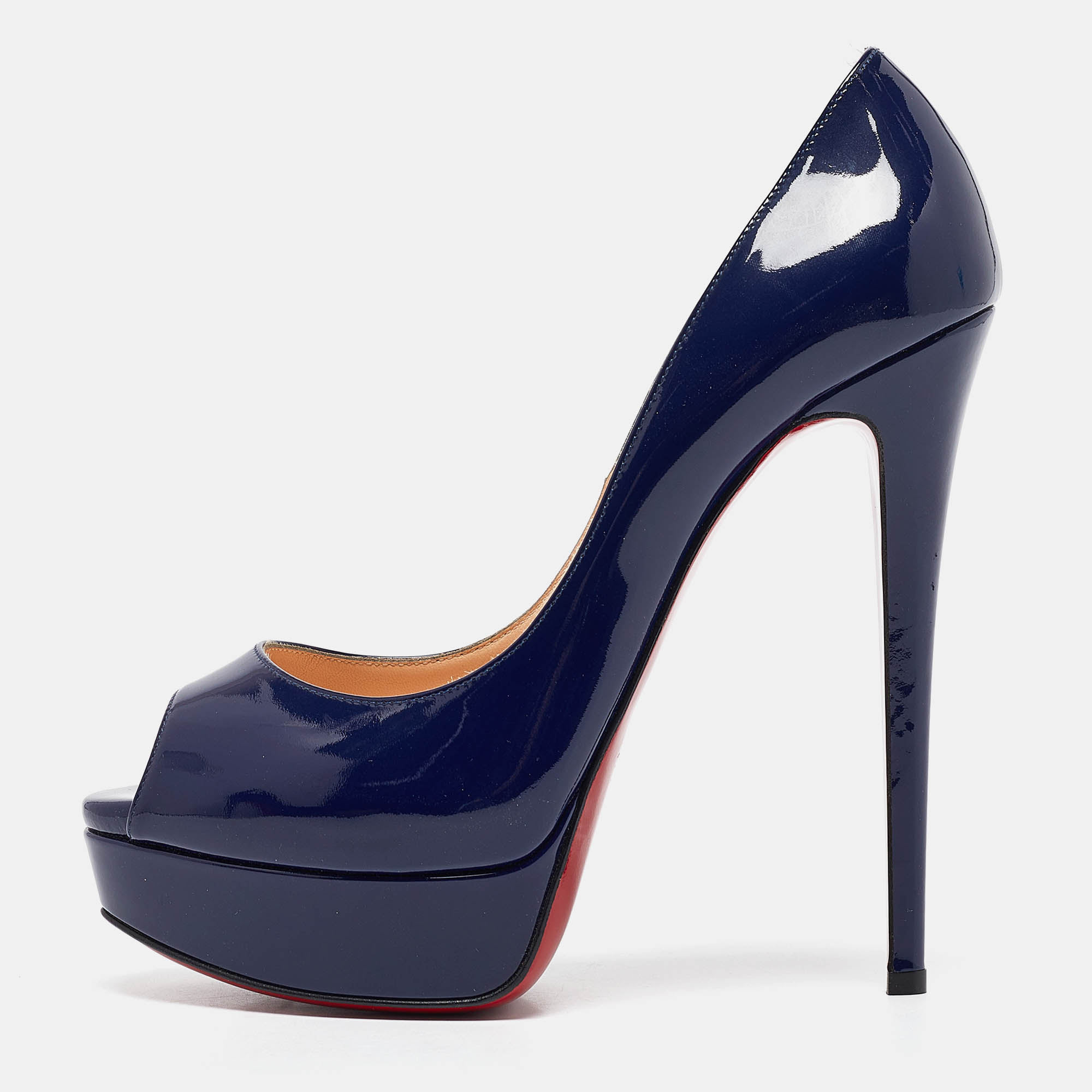 

Christian Louboutin Navy Blue Patent Leather Lady Peep Pumps Size