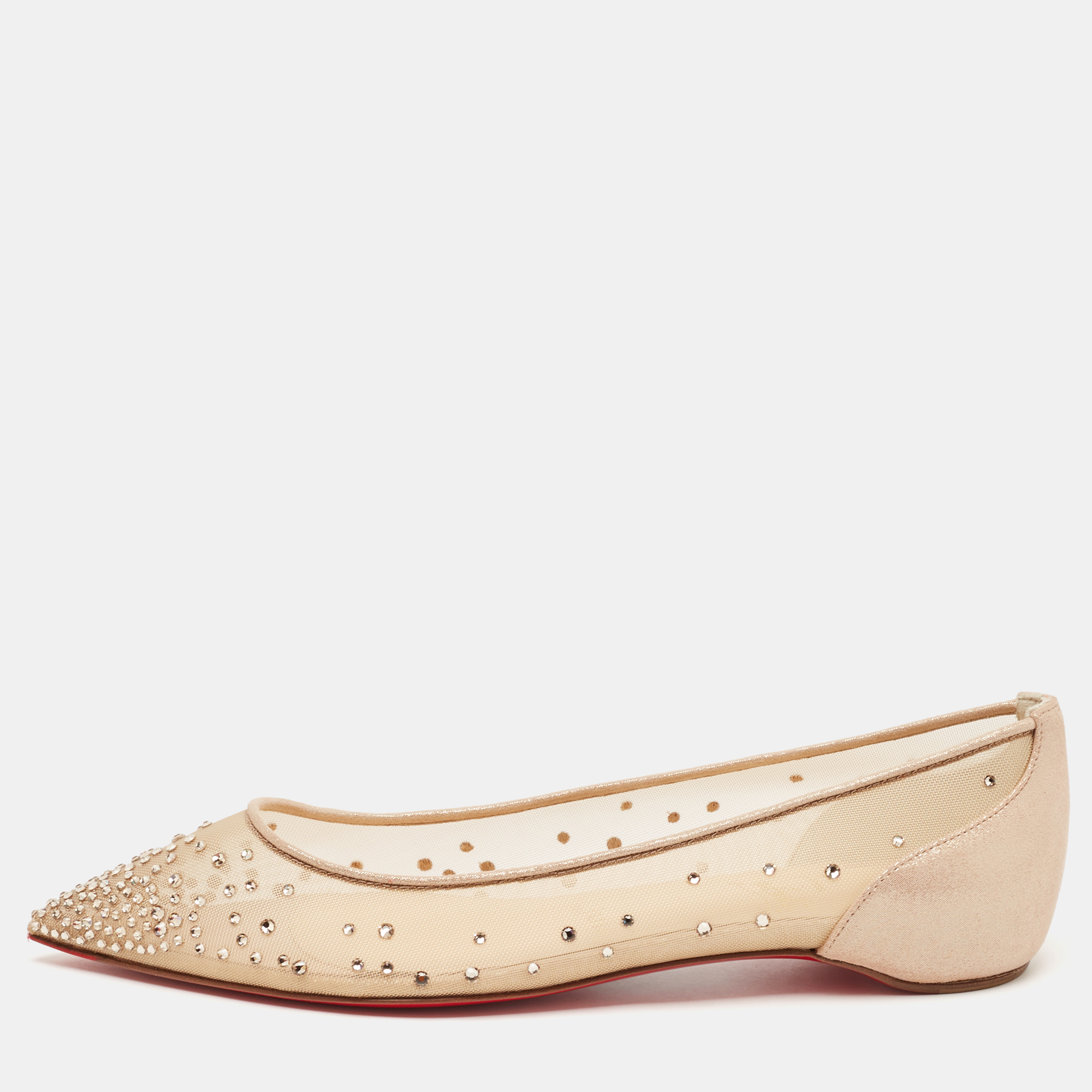 

Christian Louboutin Metallic Beige Suede and Mesh Follies Strass Ballet Flats Size