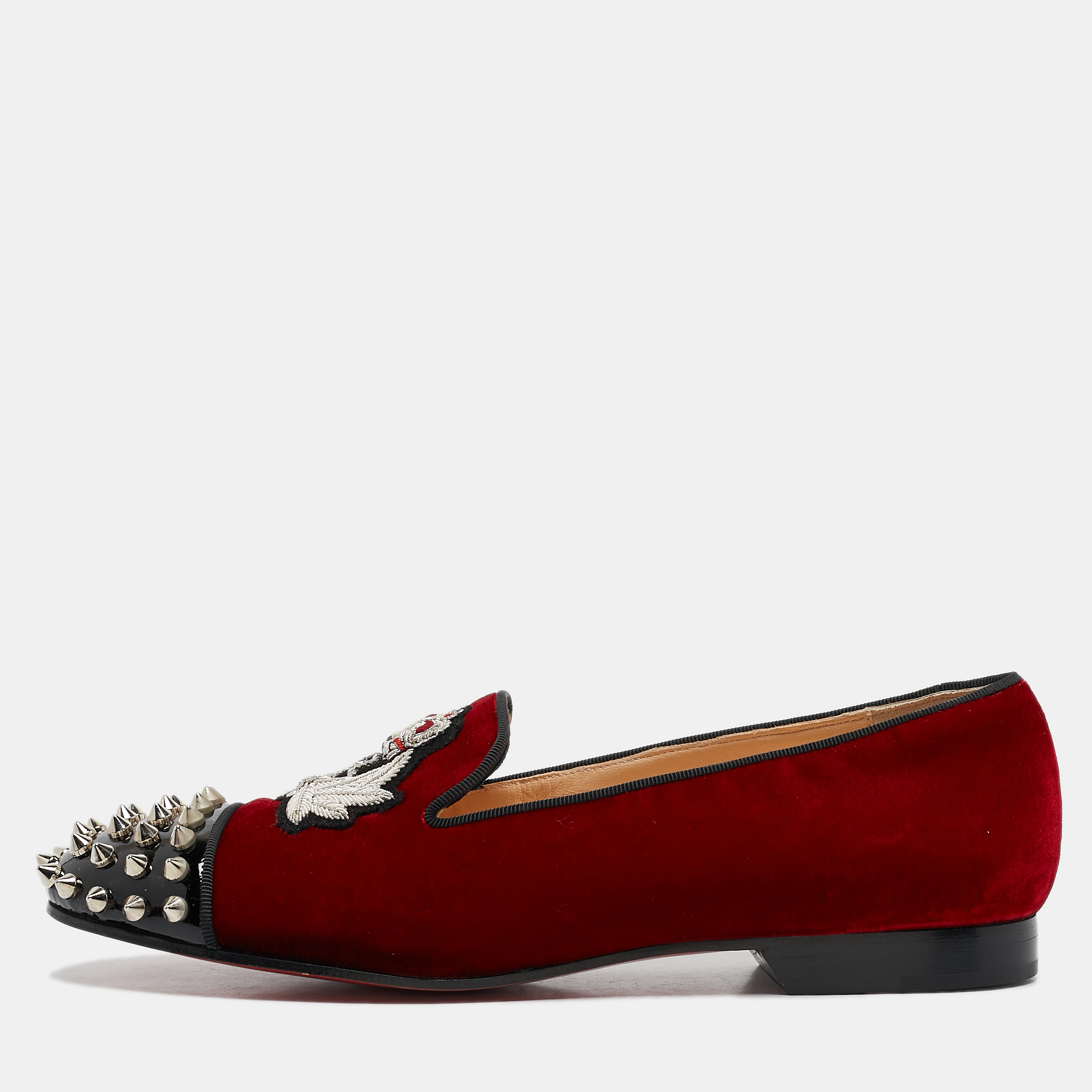 

Christian Louboutin Red/Black Velvet and Patent Leather Spikes Intern Smoking Slippers Size