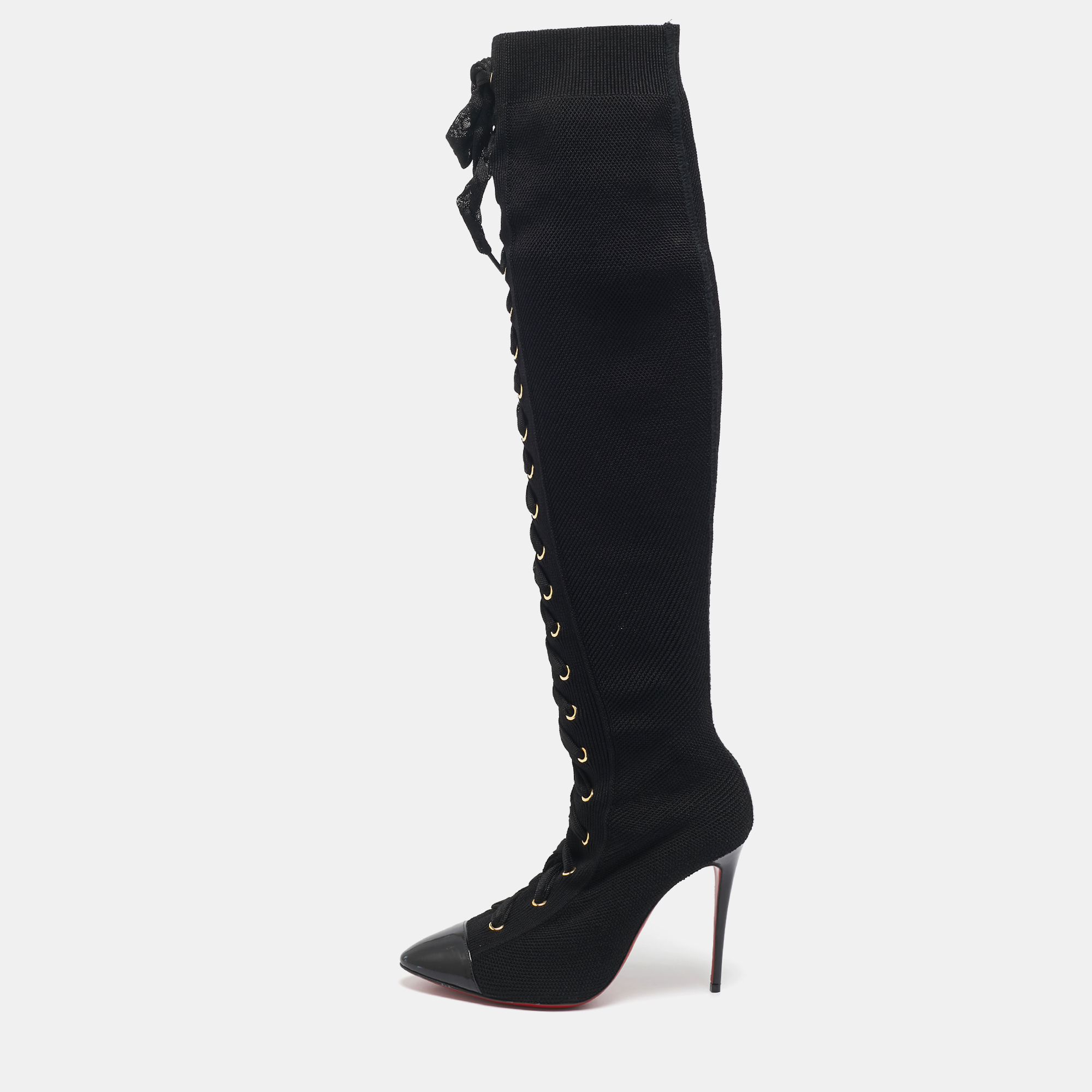 

Christian Louboutin Black Knit Fabric Frenchie 100 Knee Length Boots Size