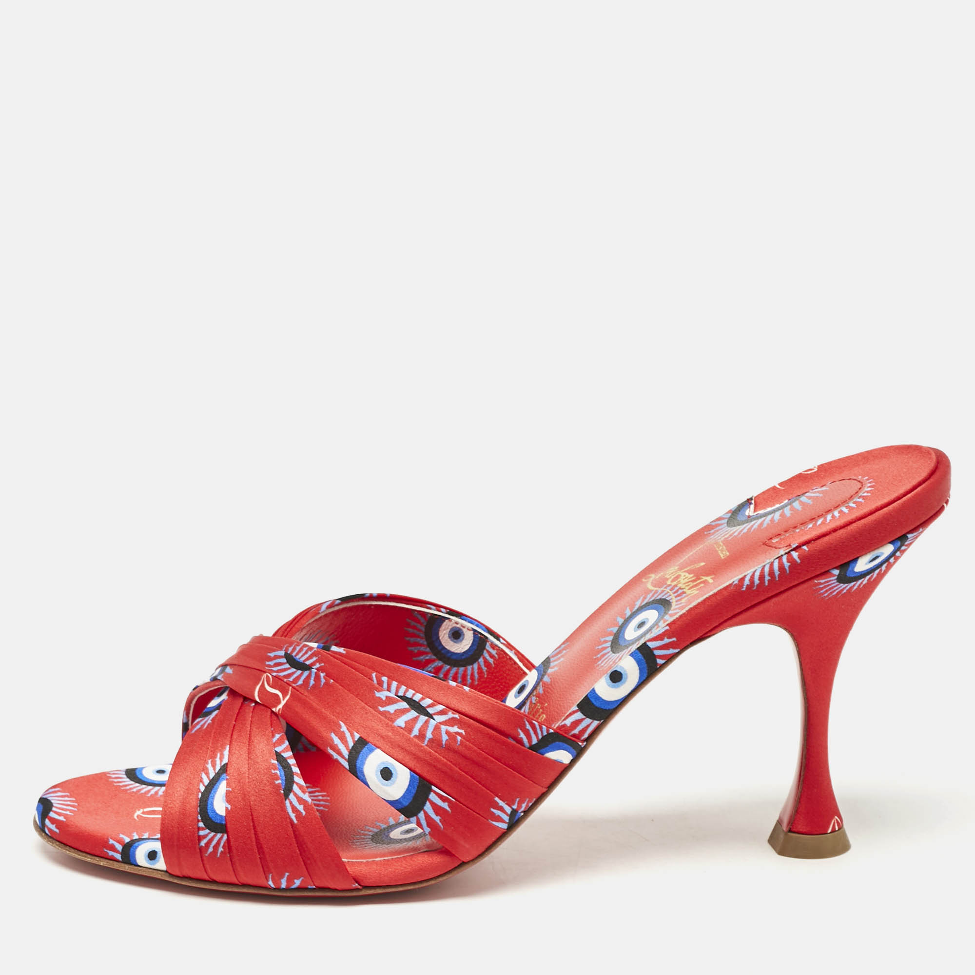 

Christian Louboutin Red/Blue Loubi Eye Satin Nicol is Back Slide Sandals Size