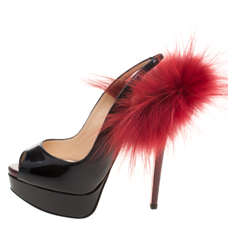 

Christian Louboutin Two Tone Patent Leather Lady Fur Peep Toe Slingback Sandals Size, Black