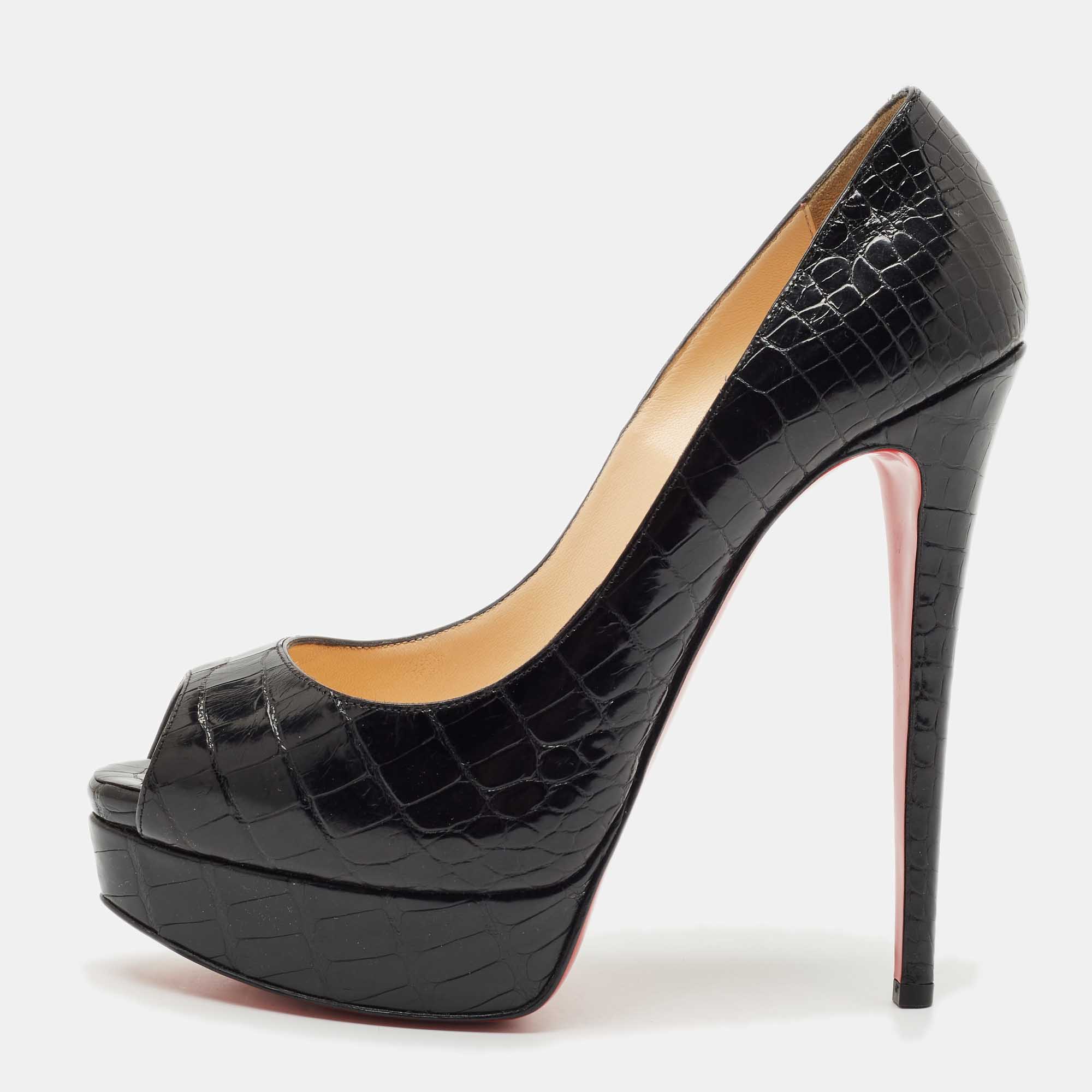 

Christian Louboutin Black Alligator Lady Peep Toe Platform Pumps Size