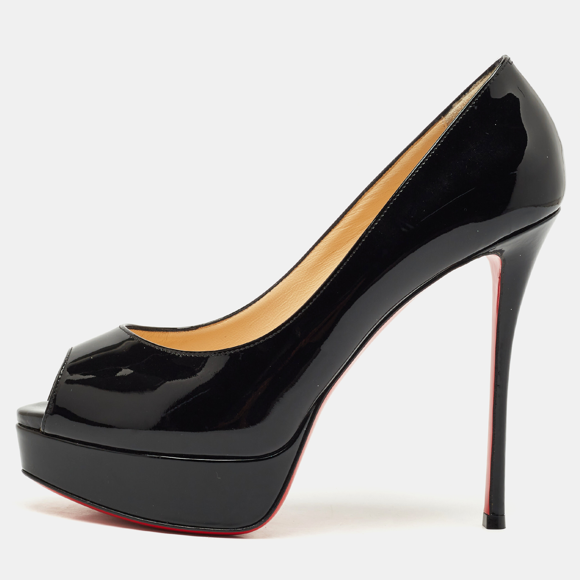 

Christian Louboutin Black Patent Leather Lady Peep Pumps Size