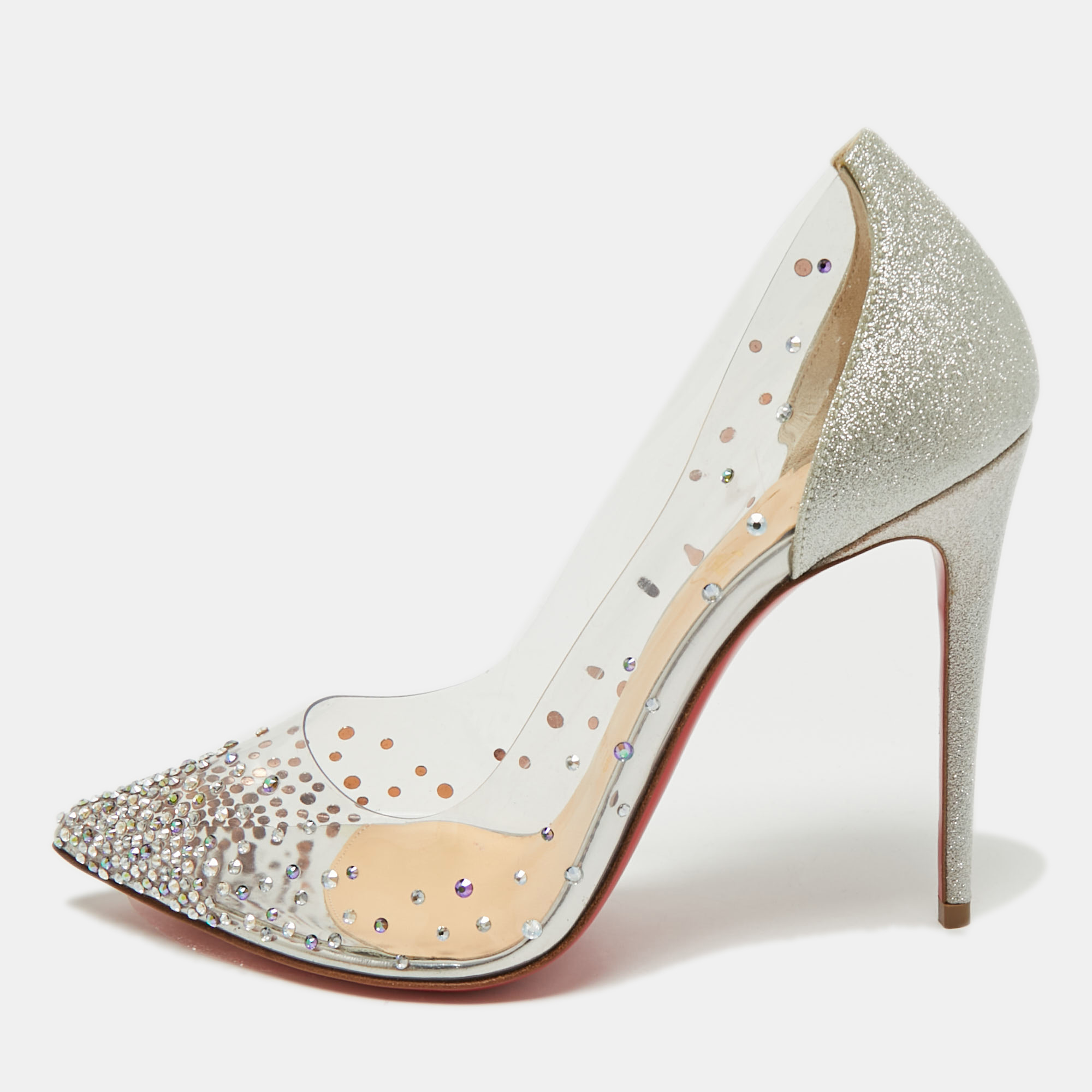 

Christian Louboutin Silver Glitter and PVC Degrastrass Pumps Size