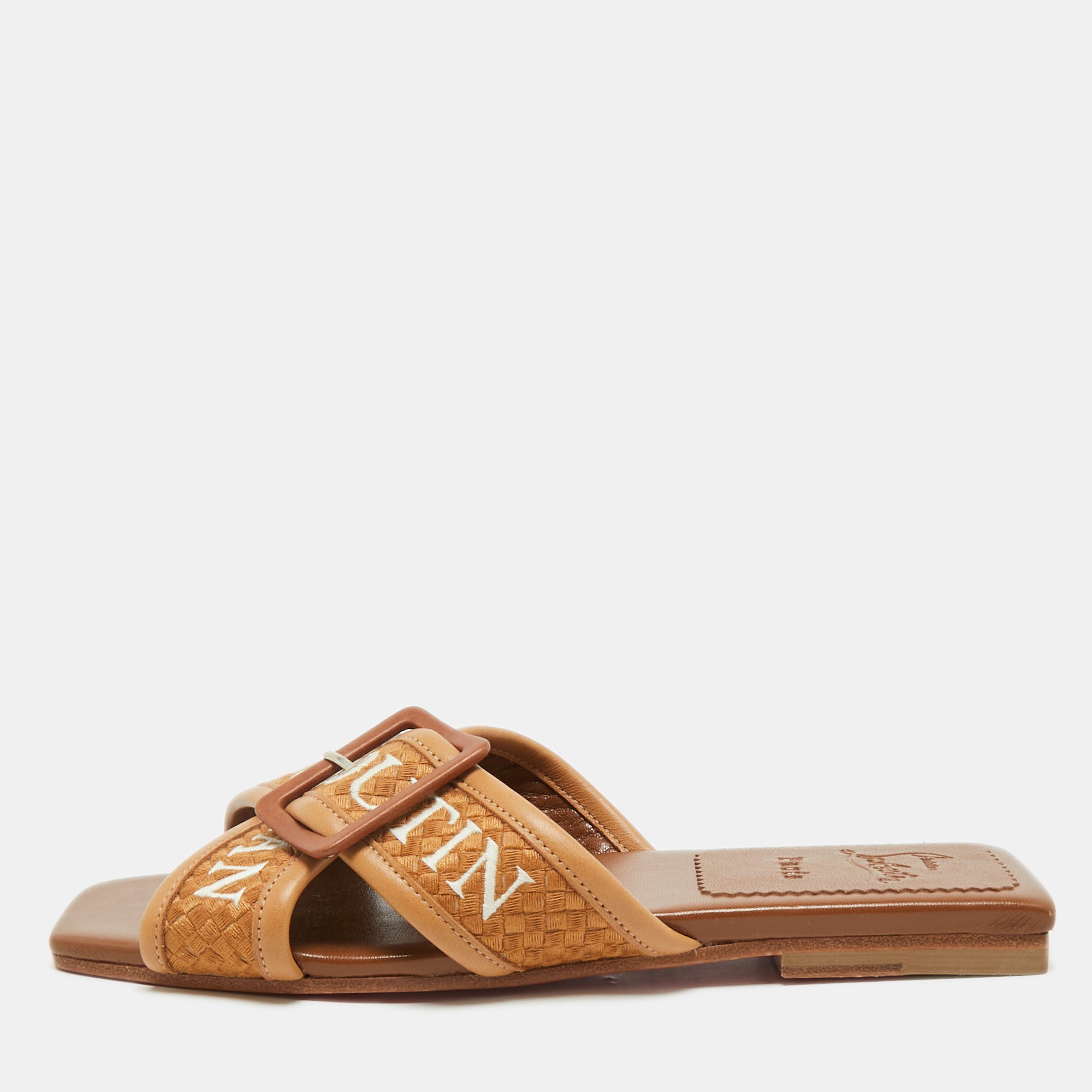 

Christian Louboutin Brown Logo Canvas and Leather Crossimule Flat Slides Size, Tan