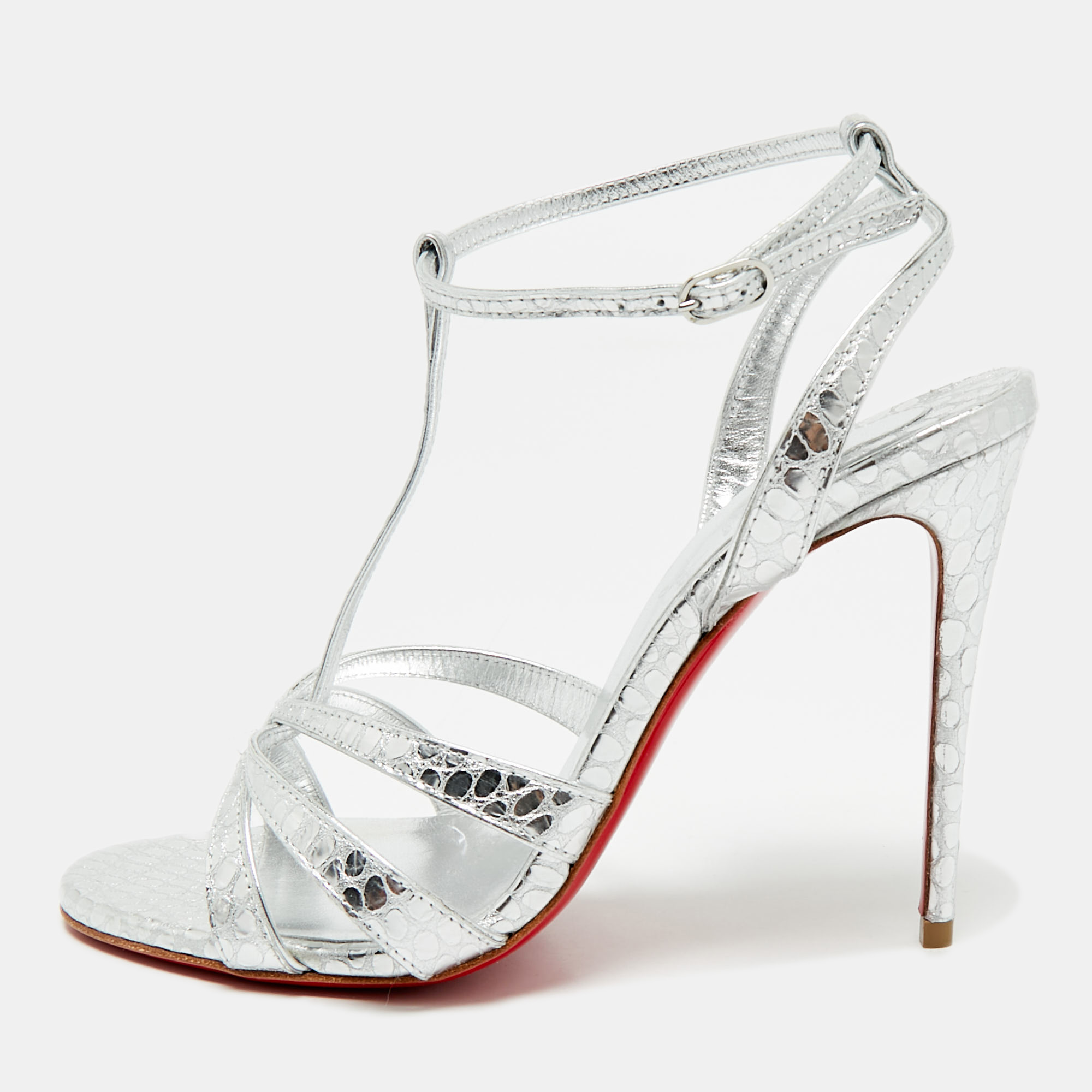 

Christian Louboutin Silver Croc Embossed Leather Tangueva Ankle Strap Sandals Size