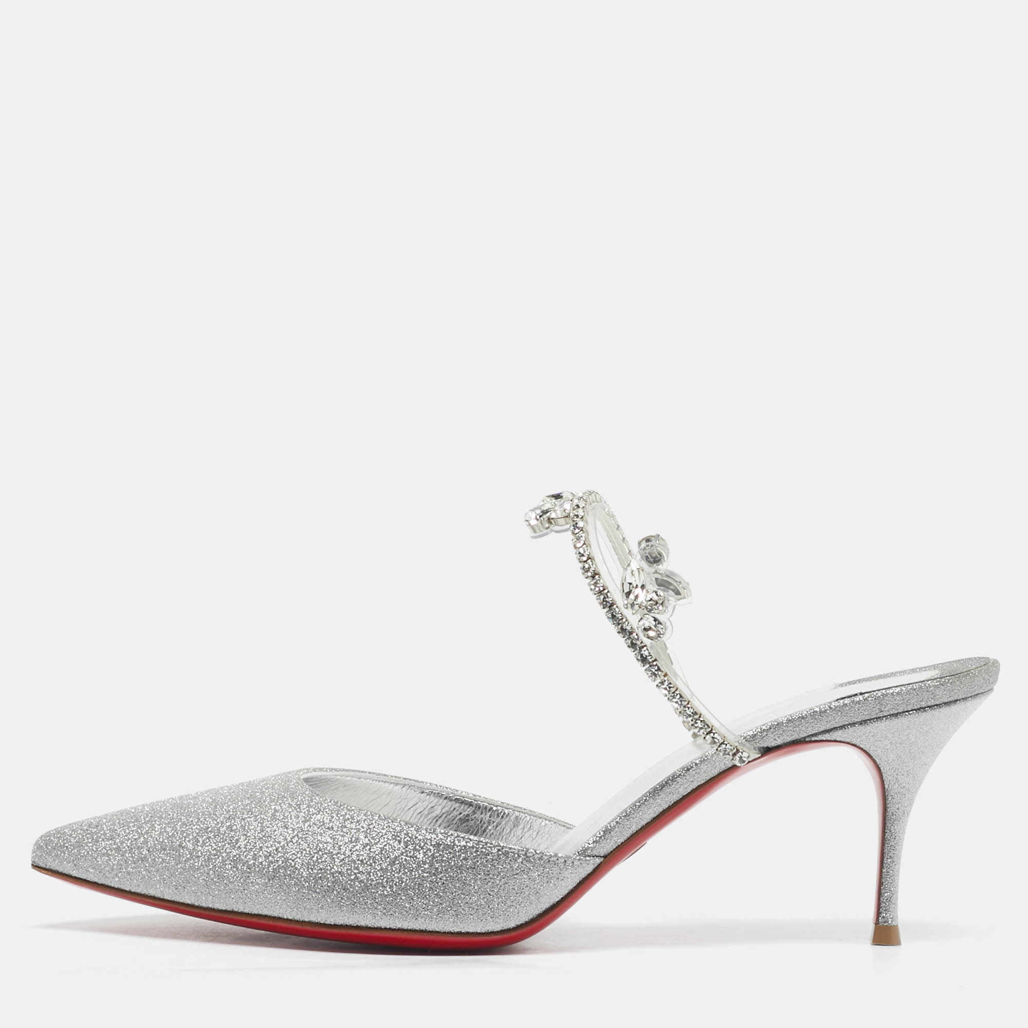 

Christian Louboutin Silver Glitter Planet Queen Mules Size