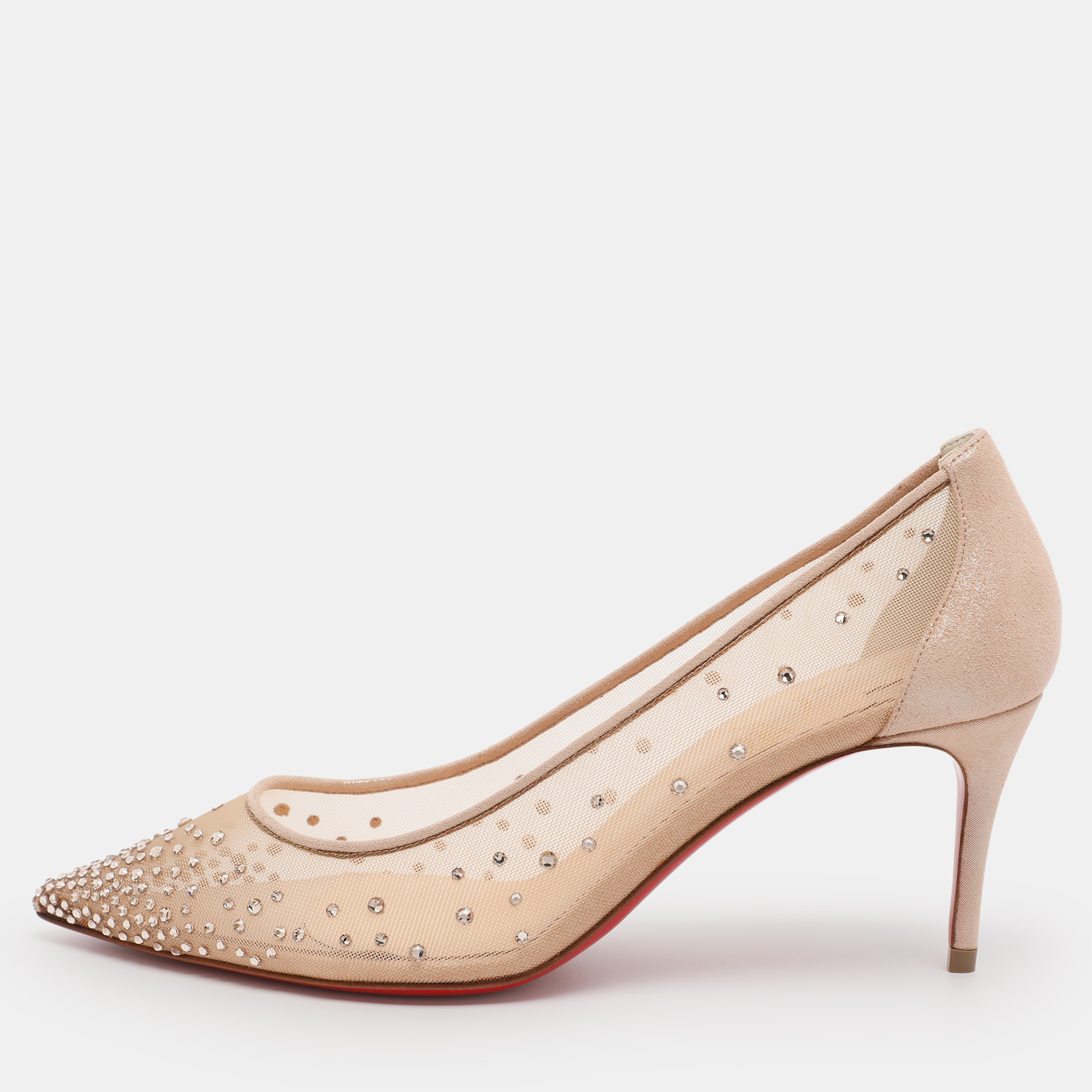 Pre-owned Christian Louboutin Beige Mesh And Suede Follies Strass Pointed Toe Pumps Size 37 In Sand
