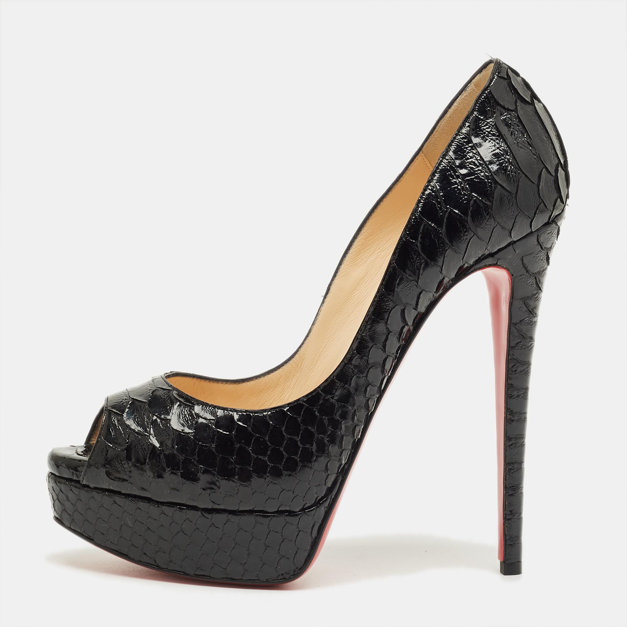 

Christian Louboutin Black Python Leather Lady Peep Peep Toe Platform Pumps Size