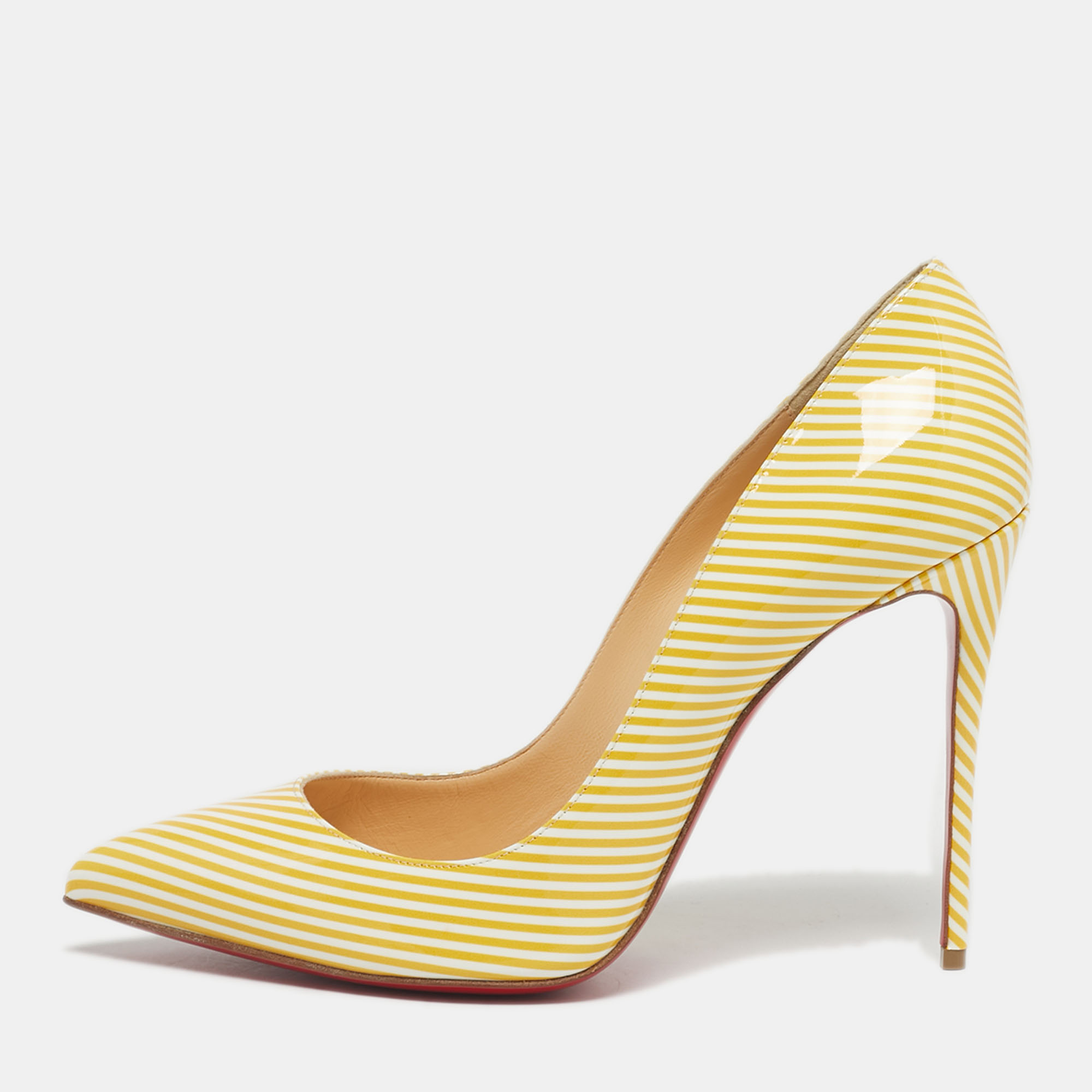 CHRISTIAN LOUBOUTIN Pre-owned Yellow/white Stripes Patent Leather Pigalle Follies Pumps Size 40.5