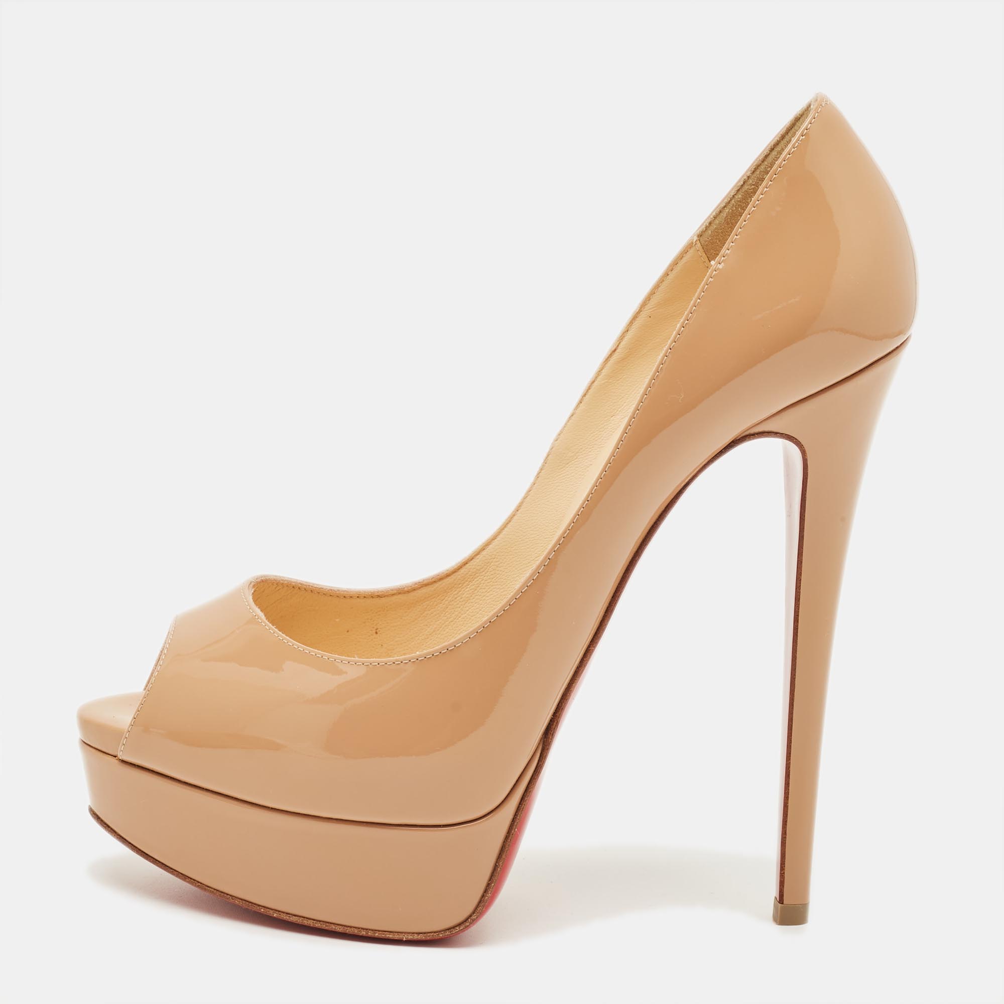 

Christian Louboutin Lady Peep Size  Beige Patent Leather Peep Toe Pumps