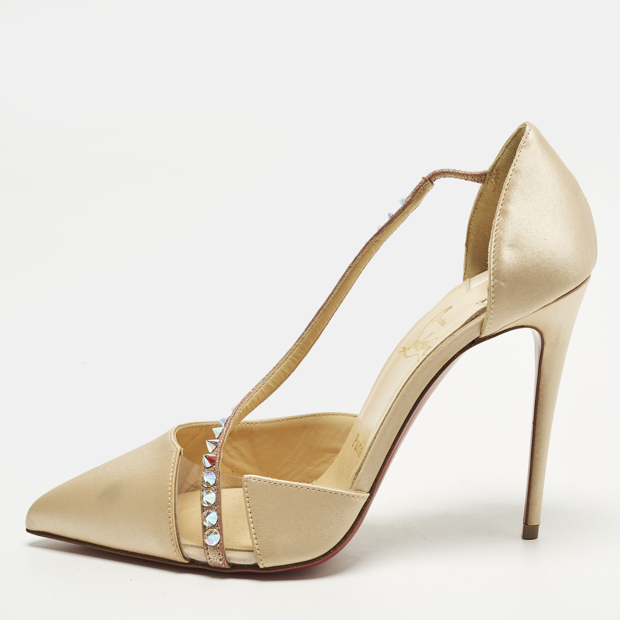 

Christian Louboutin Krystal Cross Size  Beige PVC and Satin D'orsay Pumps