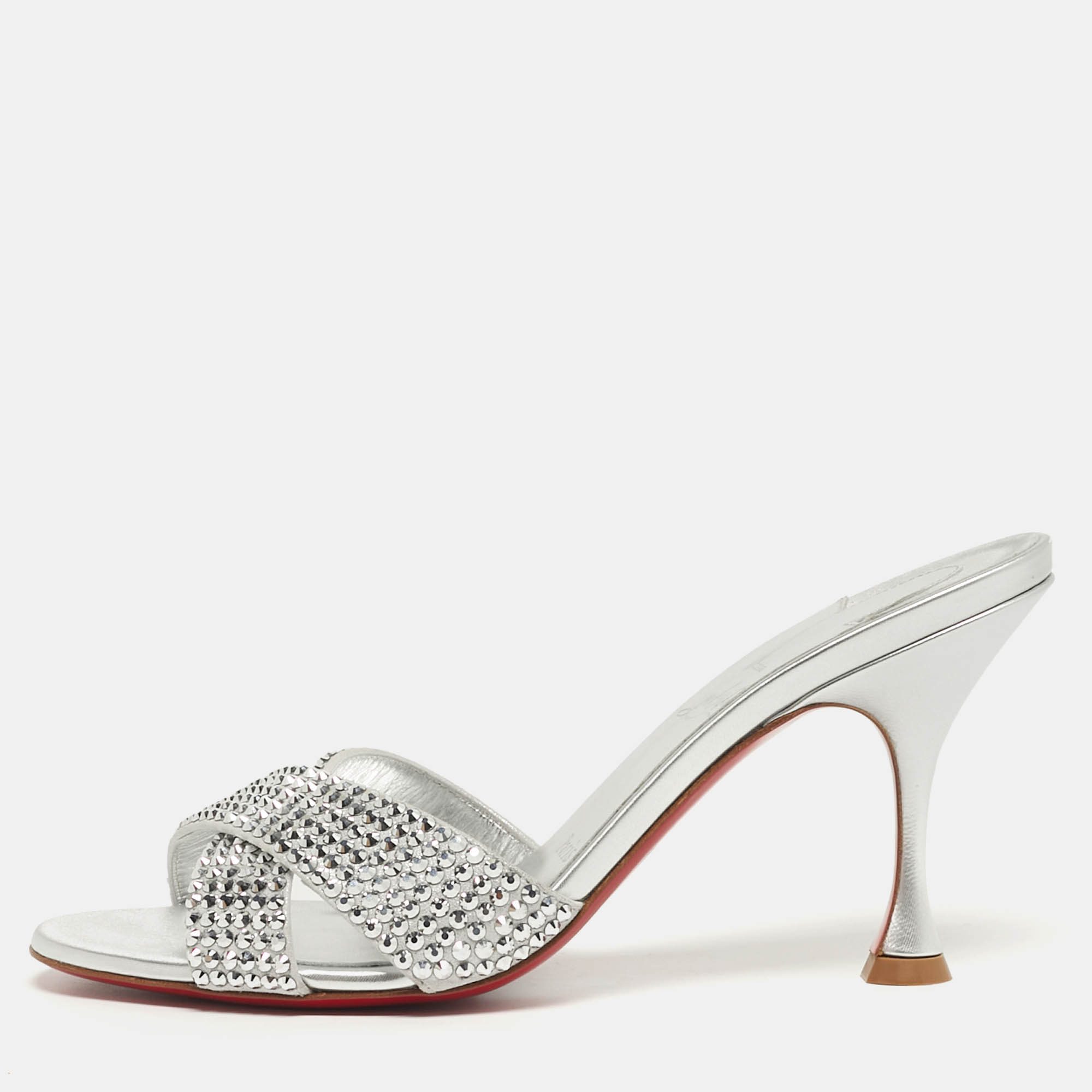

Christian Louboutin Mariza Is Back Crystal Embellished Size  Silver Suede Slide Sandals