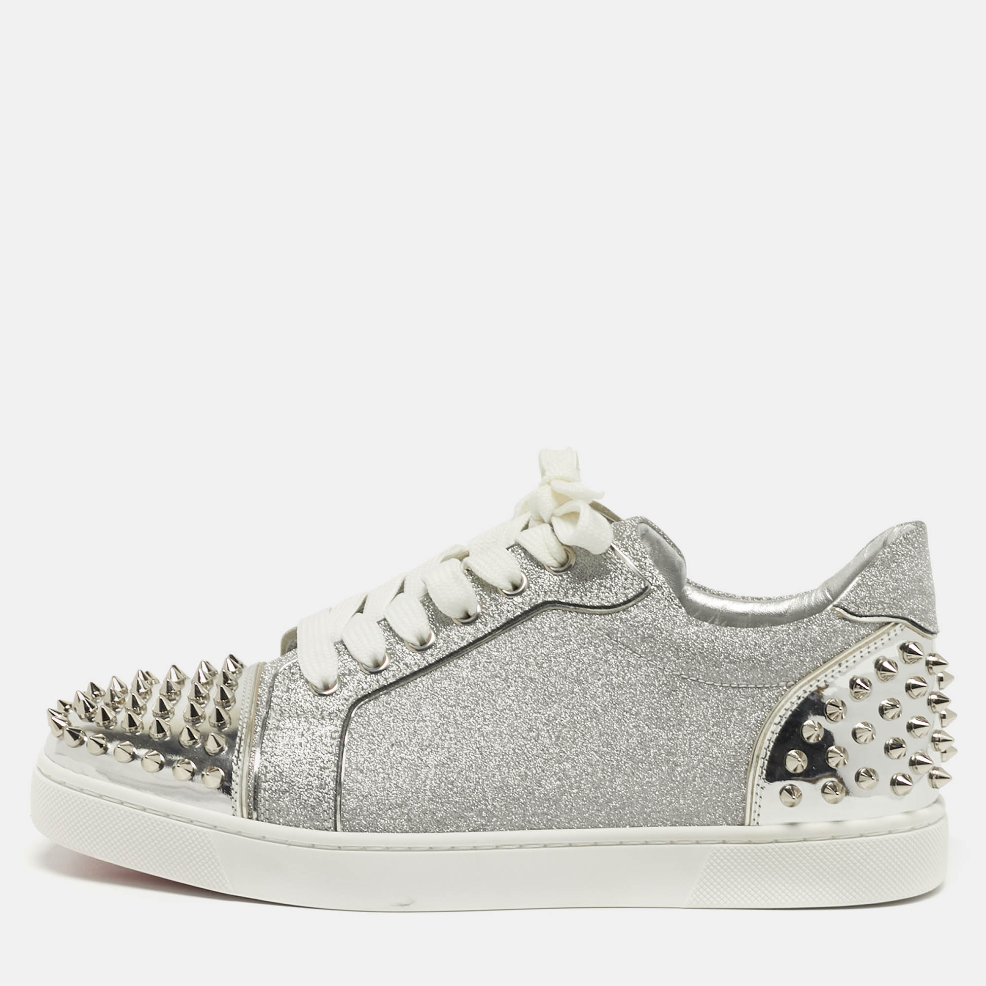 

Christian Louboutin Vieira 2 Size  Silver Glitter and Patent Leather Lace Up Sneakers