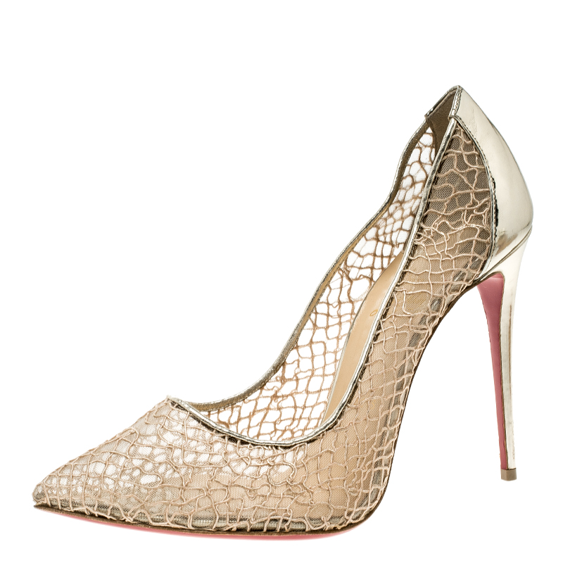 Christian Louboutin Beige/Silver Lace and Leather Follies Pumps Size 40