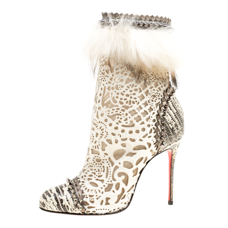 

Christian Louboutin White Laser Cut Pony Hair With Lizard Trim Tootsie Ankle Boots Size