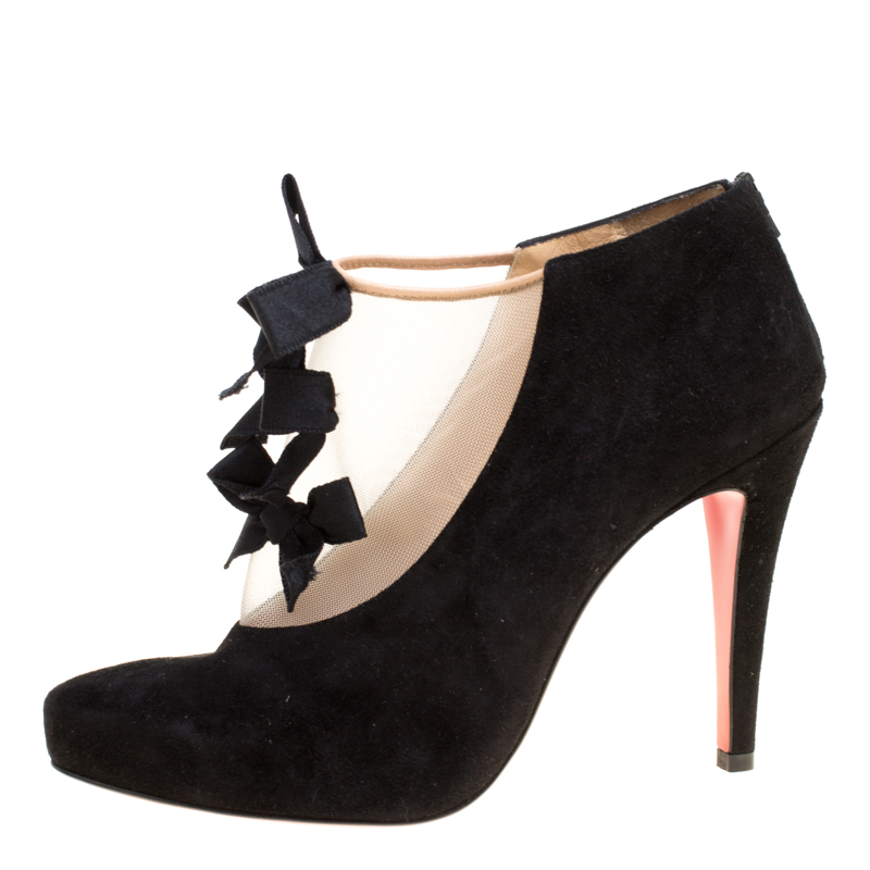 

Christian Louboutin Black Suede And Beige Mesh Bow Detail Booties Size