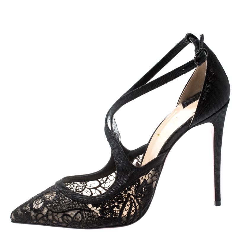 

Christian Louboutin Black Lace And Fabric Twistissima Pointed Toe Ankle Strap Sandals Size