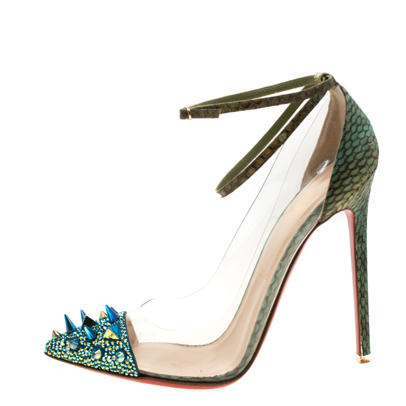 

Christian Louboutin Green/Blue Cobra Leather And PVC Just Picks Spike Embellished Cap Toe Ankle Strap Pumps Size