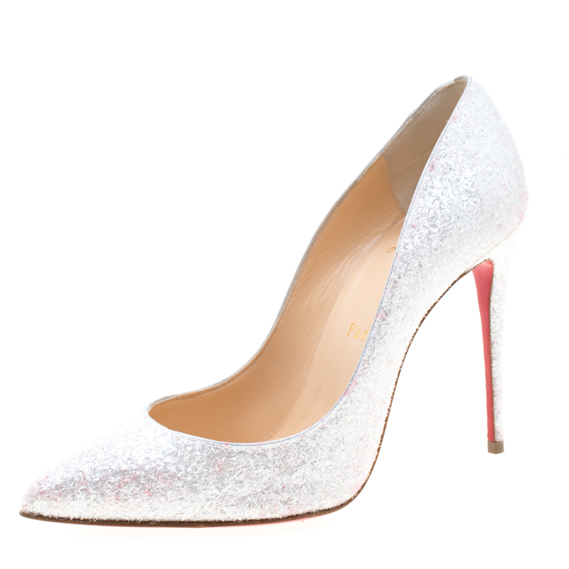 Christian Louboutin White Glitter Givre Pigalle Follies Pointed Toe Pumps Size 37.5