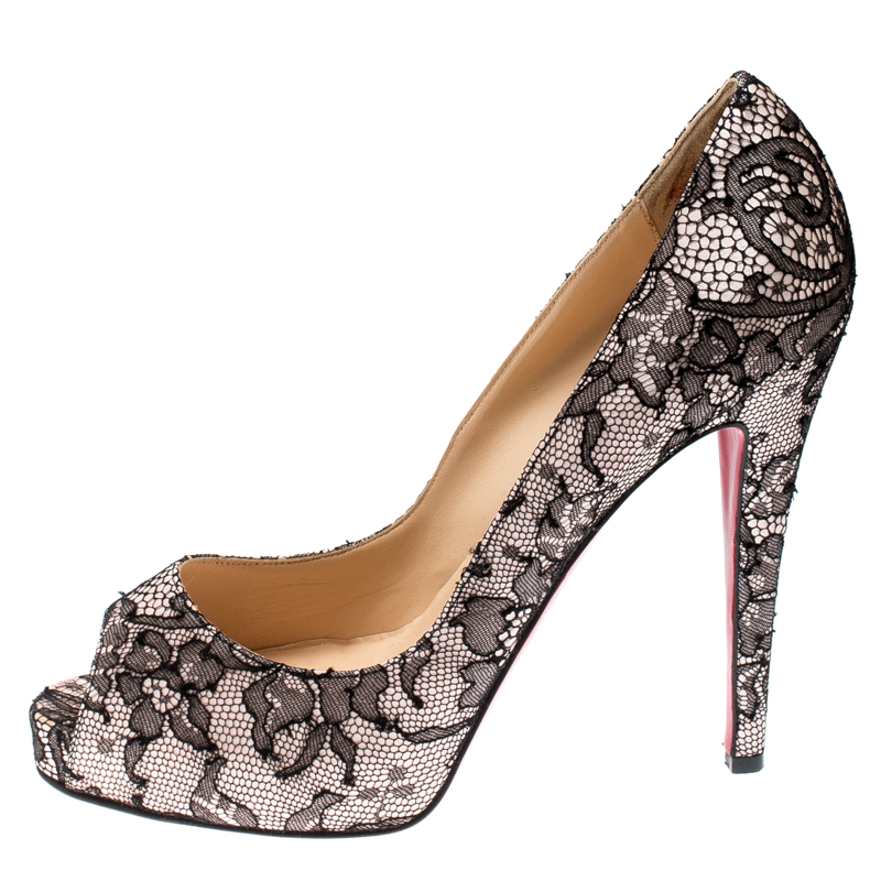 

Christian Louboutin Black/Light Pink Lace And Satin Very Prive Peep Toe Platform Pumps Size