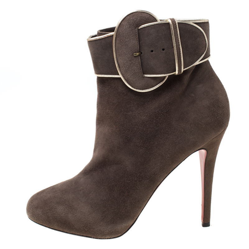 

Christian Louboutin Elephant Grey Suede Trottinette Buckle Detail Ankle Boots Size