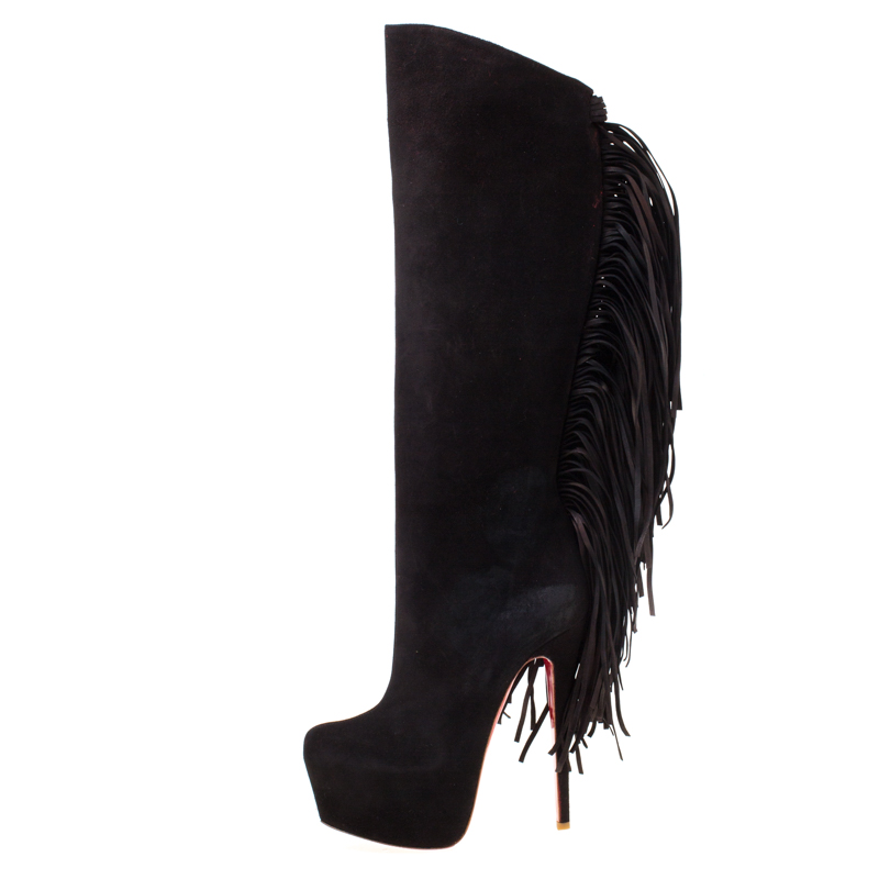 

Christian Louboutin Brown Suede Interlopa Fringe Detail Knee Length Platform Boots Size