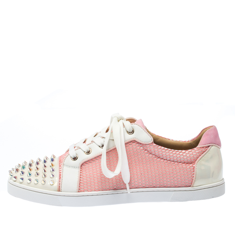 

Christian Louboutin Pink/White Mesh And Patent Leather Gondolita Spike Lace Up Sneakers Size