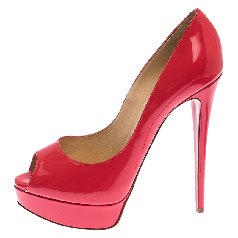 

Christian Louboutin Pink Patent Leather Lady Peep Toe Platform Pumps Size