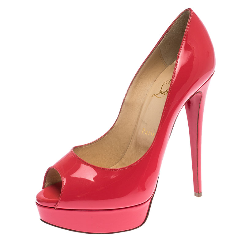 Pre-owned Christian Louboutin Pink Patent Leather Lady Peep Toe Platform Pumps Size 39.5