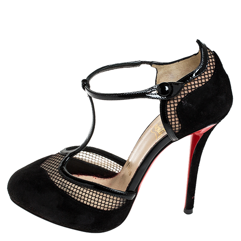 

Christian Louboutin Black Suede Leather And Mesh La Aichinger T Strap Pumps Size