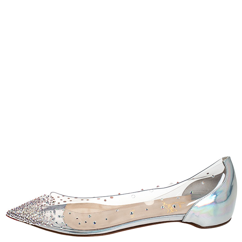 

Christian Louboutin Metallic Sliver PVC And Leather Degrastrass Pointed Toe Ballet Flats Size, Silver