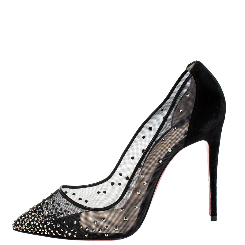 

Christian Louboutin Black Velvet And Mesh Follies Strass Pumps Size
