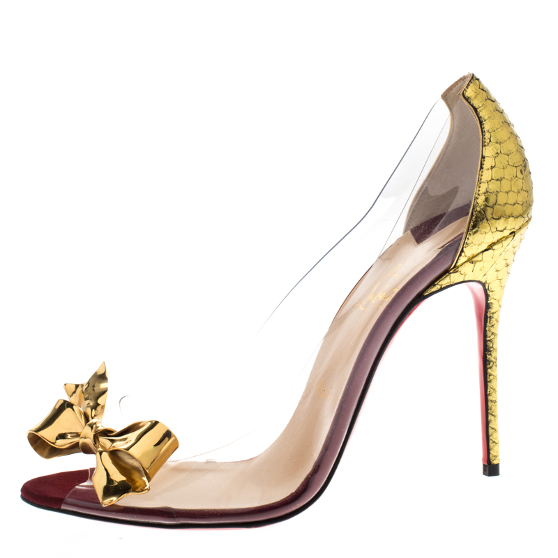 

Christian Louboutin Metallic Gold Python Embossed Leather and PVC Justinodo Bow Peep Toe Pumps Size