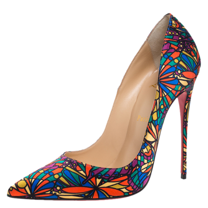 مملوكة مسبقًا Christian Louboutin Multicolor Vitrail Print Satin So Kate Pointed Toe Pumps Size 39
