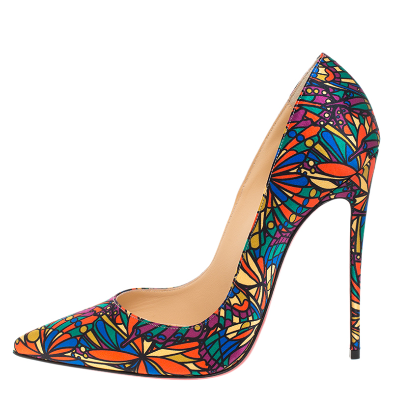 

Christian Louboutin Multicolor Vitrail Print Satin So Kate Pointed Toe Pumps Size