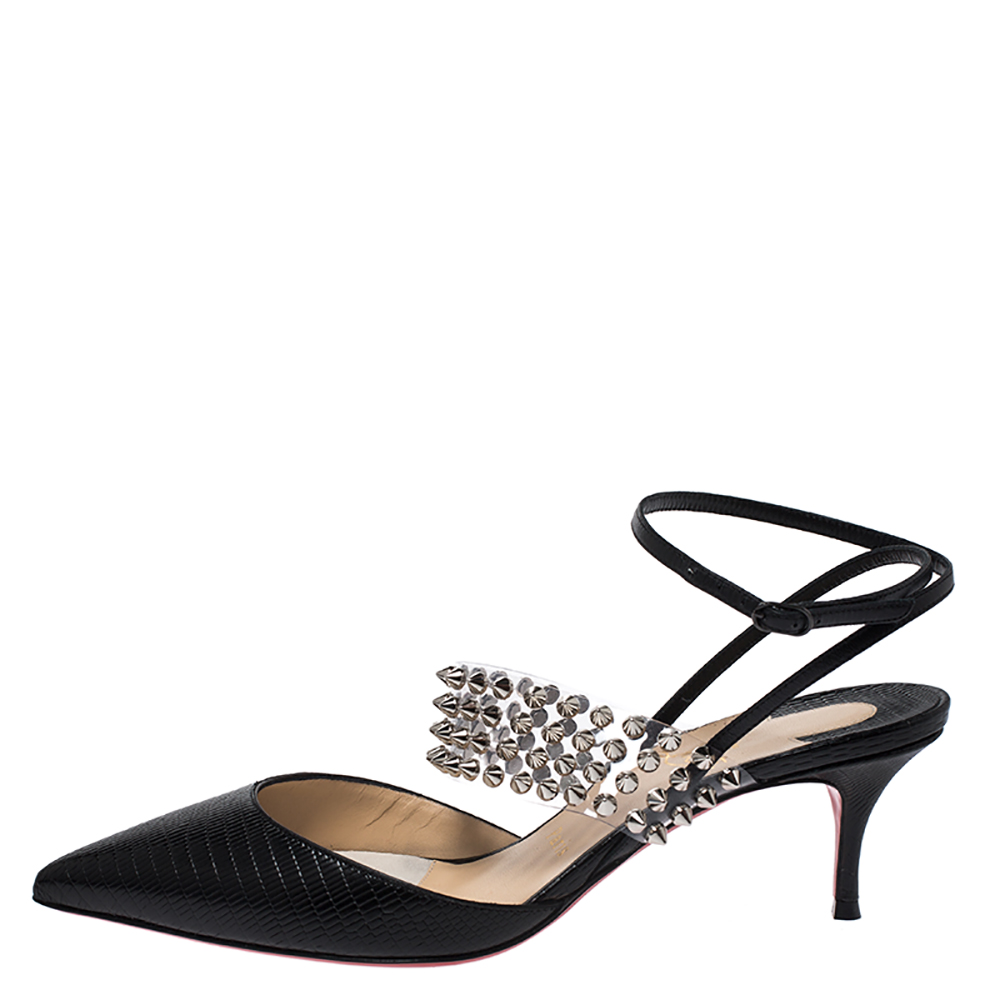 

Christian Louboutin Black Lizard Embossed Leather And PVC Levita 55 Studded Ankle Wrap Sandals Size