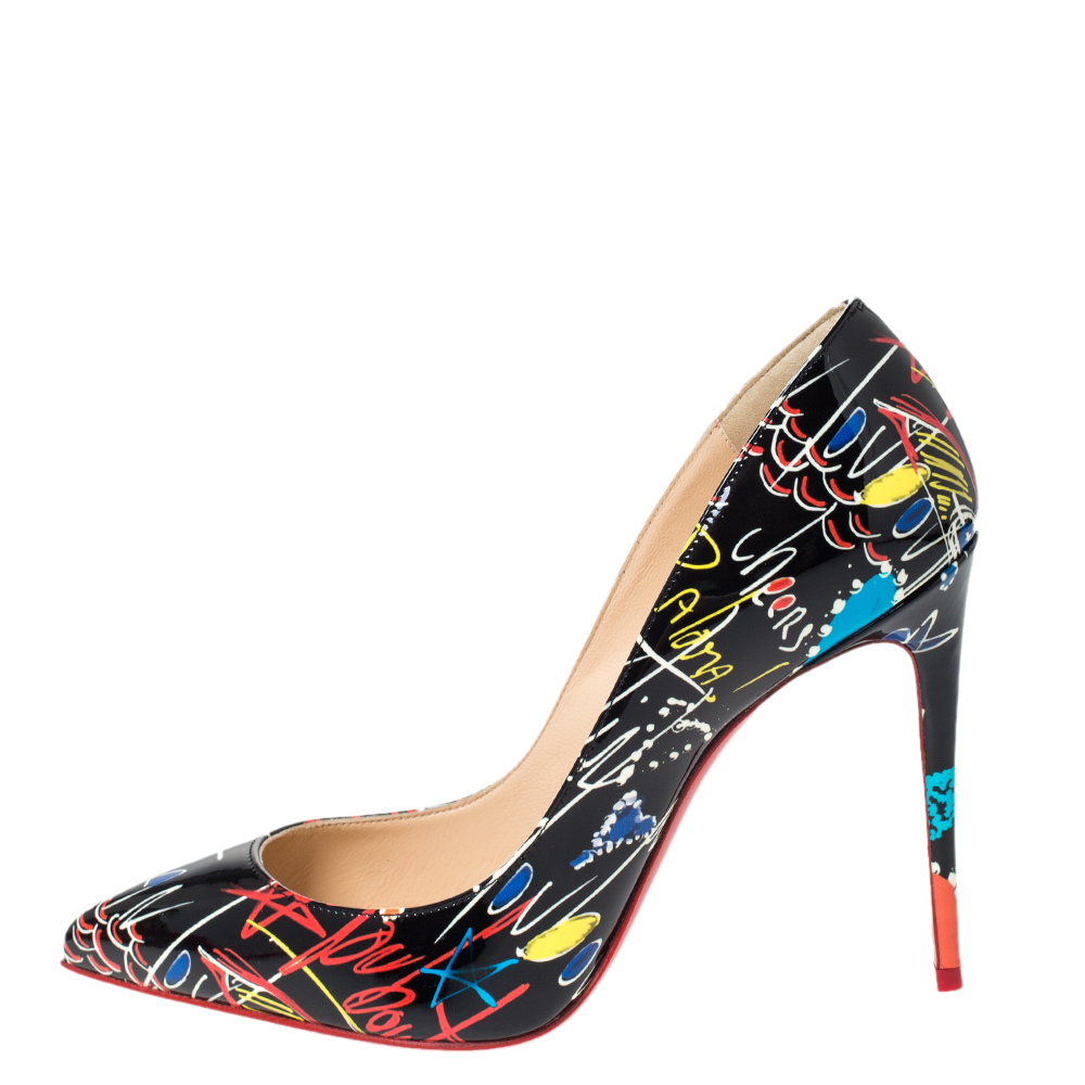 

Christian Louboutin Black Loubitag Graffiti Patent Leather So Kate Pointed Toe Pumps Size