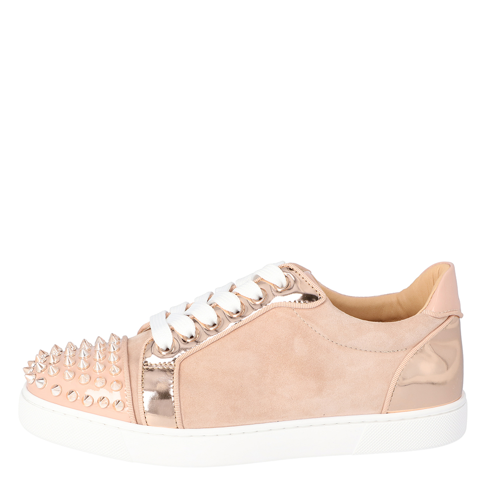 

Christian Louboutin Pink Patent Leather and Suede Vieira Spikes Low-Top Sneakers Size