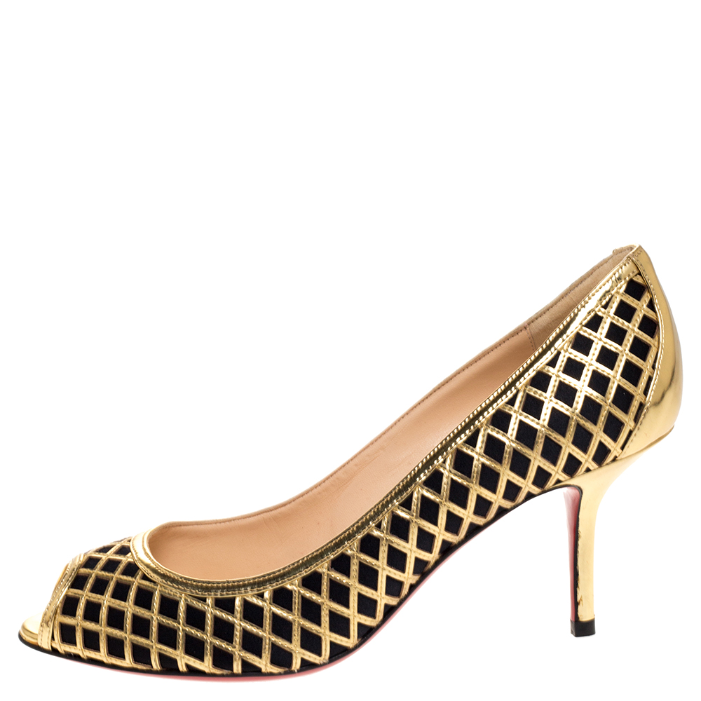 

Christian Louboutin Gold Cutout Leather And Black Satin Peep Toe Pumps Size