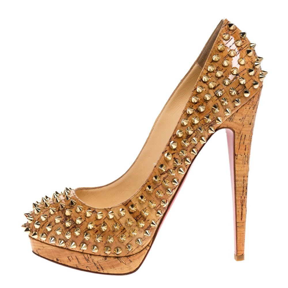 

Christian Louboutin Beige Patent Leather Cork Alti Spike Platform Pumps Size