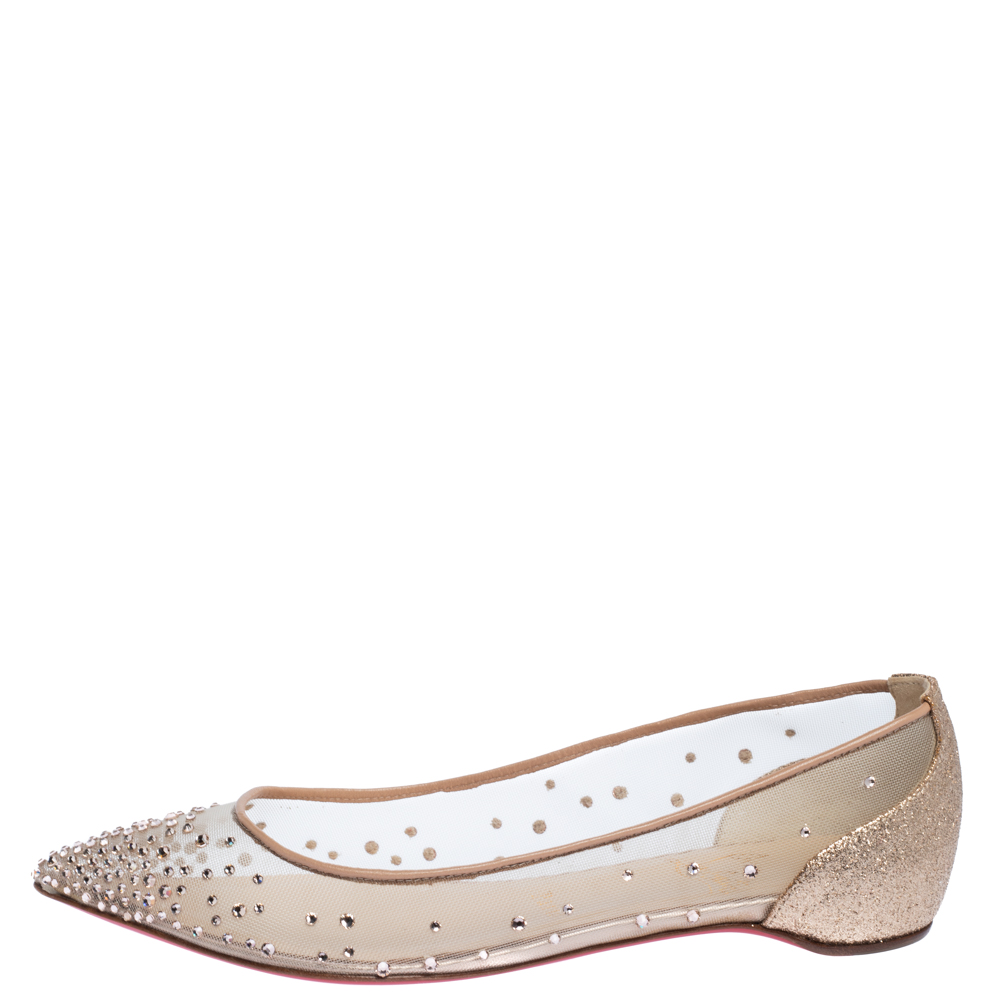 

Christian Louboutin Beige Embellished Mesh And Lame Fabric Follies Strass Pointed Toe Ballet Flats Size