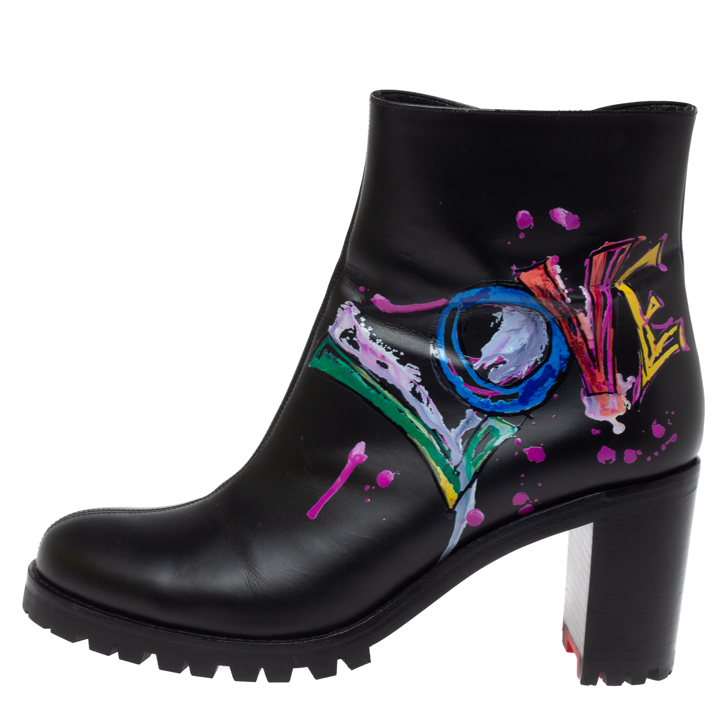 

Christian Louboutin Black Love Print Leather Ankle Boots Size