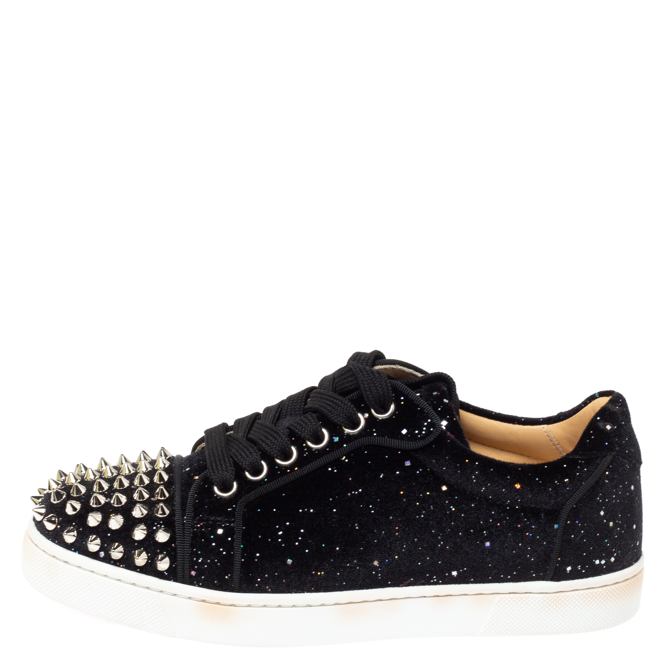 

Christian Louboutin Black Glitter Suede Louis Junior Spikes Low Top Sneakers Size