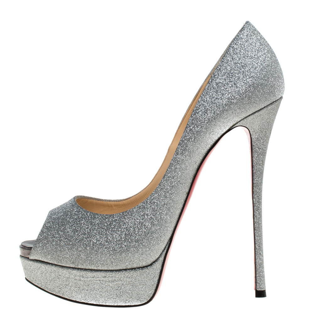 

Christian Louboutin Silver Glitter Lady Peep Platform Pumps Size