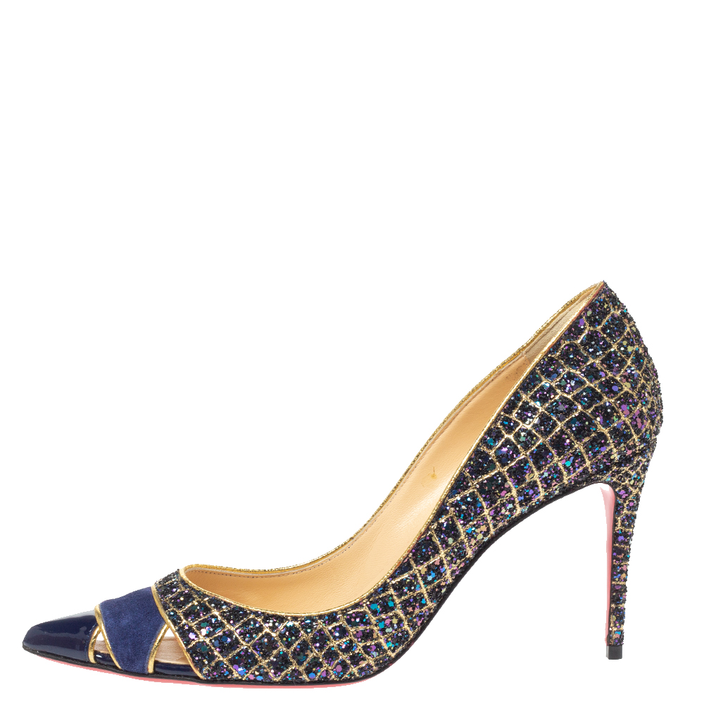 

Christian Louboutin Blue Glitter Cut Out Pointed Toe Pumps Size