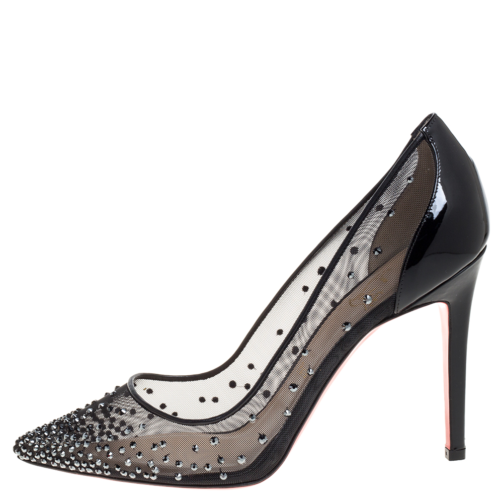 

Christian Louboutin Black Mesh And Patent Leather Follies Strass Pointed Toe Pumps Size